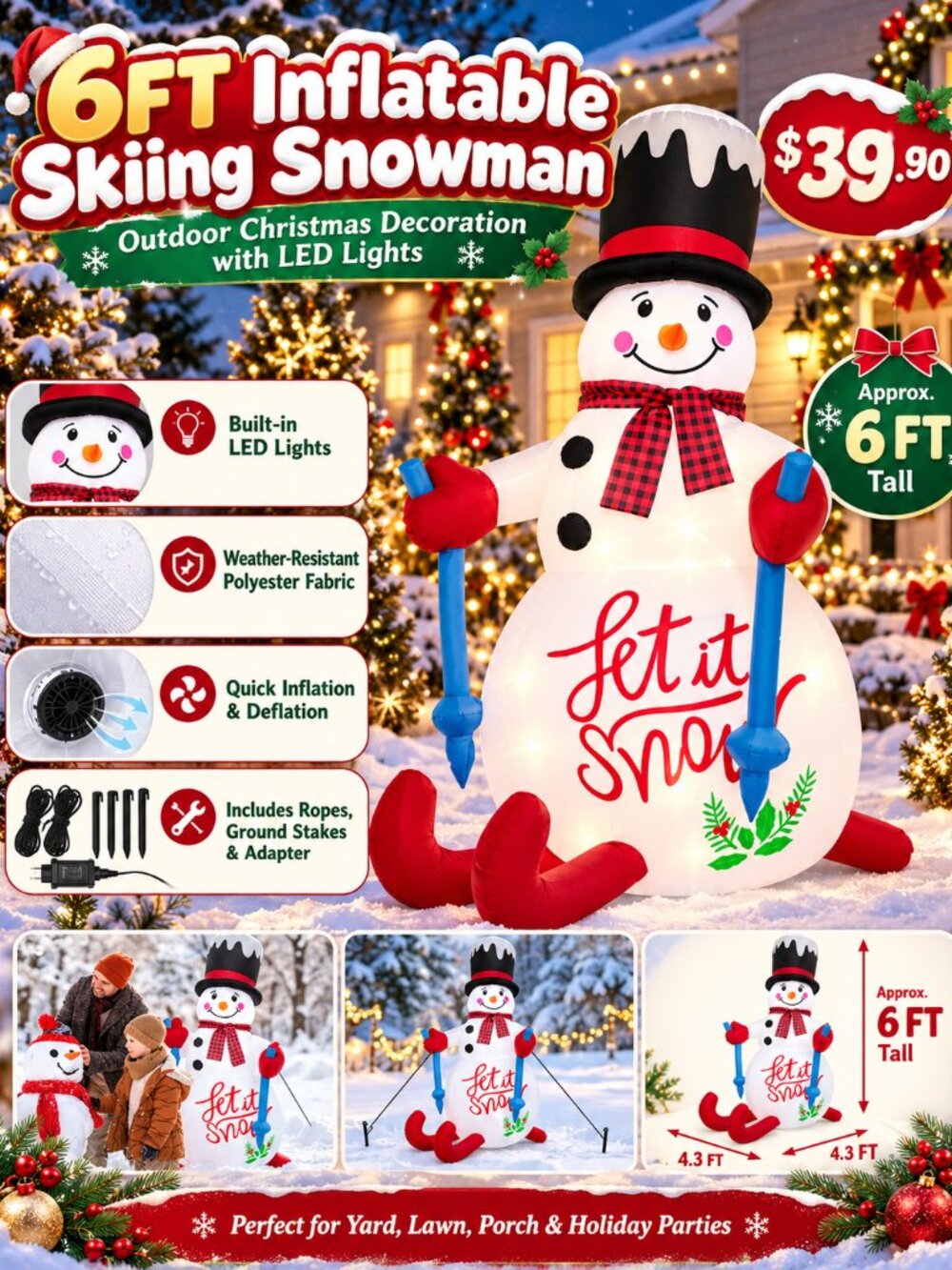 Costway 6FT Inflatable Christmas Skiing Snowman